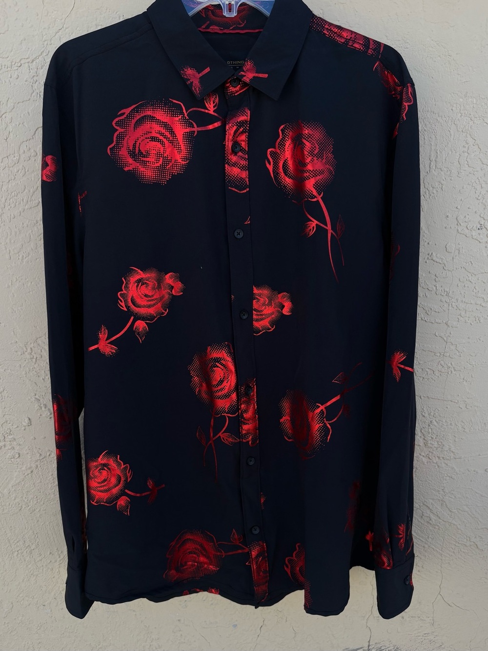 Drill Clothing Co Men L Black Red Rose Floral Graphic Long Sleeve Button Up Shi